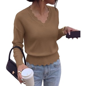 BTFBM Womens Fall Long Sleeve V Neck Sweaters Lightweight Ribbed Knit Tops(Camel)