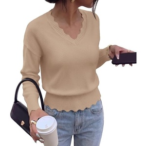 BTFBM Womens Fall Long Sleeve V Neck Sweaters Lightweight Ribbed Knit Tops(Khaki)