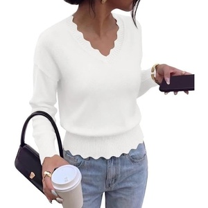 BTFBM Womens Fall Long Sleeve V Neck Sweaters Lightweight Ribbed Knit Tops(White)