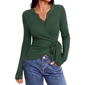 BTFBM Womens Sexy Wrap Top Lace Long Sleeve Tops(Army Green)