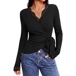 BTFBM Womens Sexy Wrap Top Lace Long Sleeve Tops(Black)