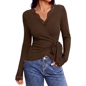 BTFBM Womens Sexy Wrap Top Lace Long Sleeve Tops(Coffee)