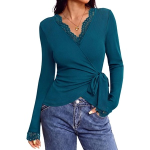 BTFBM Womens Sexy Wrap Top Lace Long Sleeve Tops(Lake Blue)