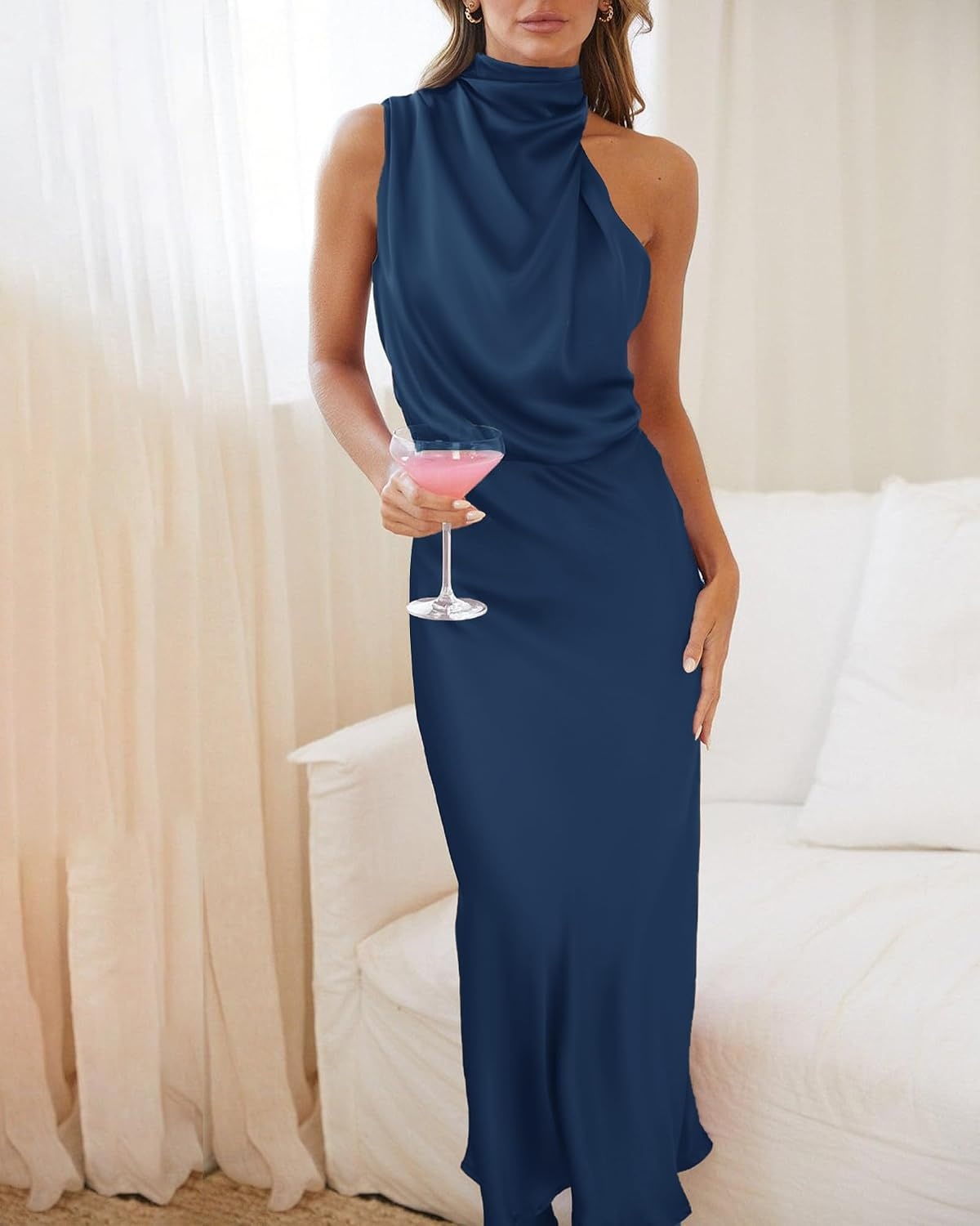 image:imageBTFBM Mock Neck Cocktail Dresses for Women SummerDark Blue