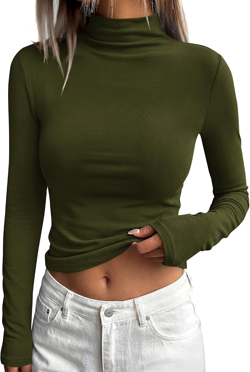 image:imageBTFBM Mock Tops for Women Fitted Long Sleeve T ShirtsArmy Green