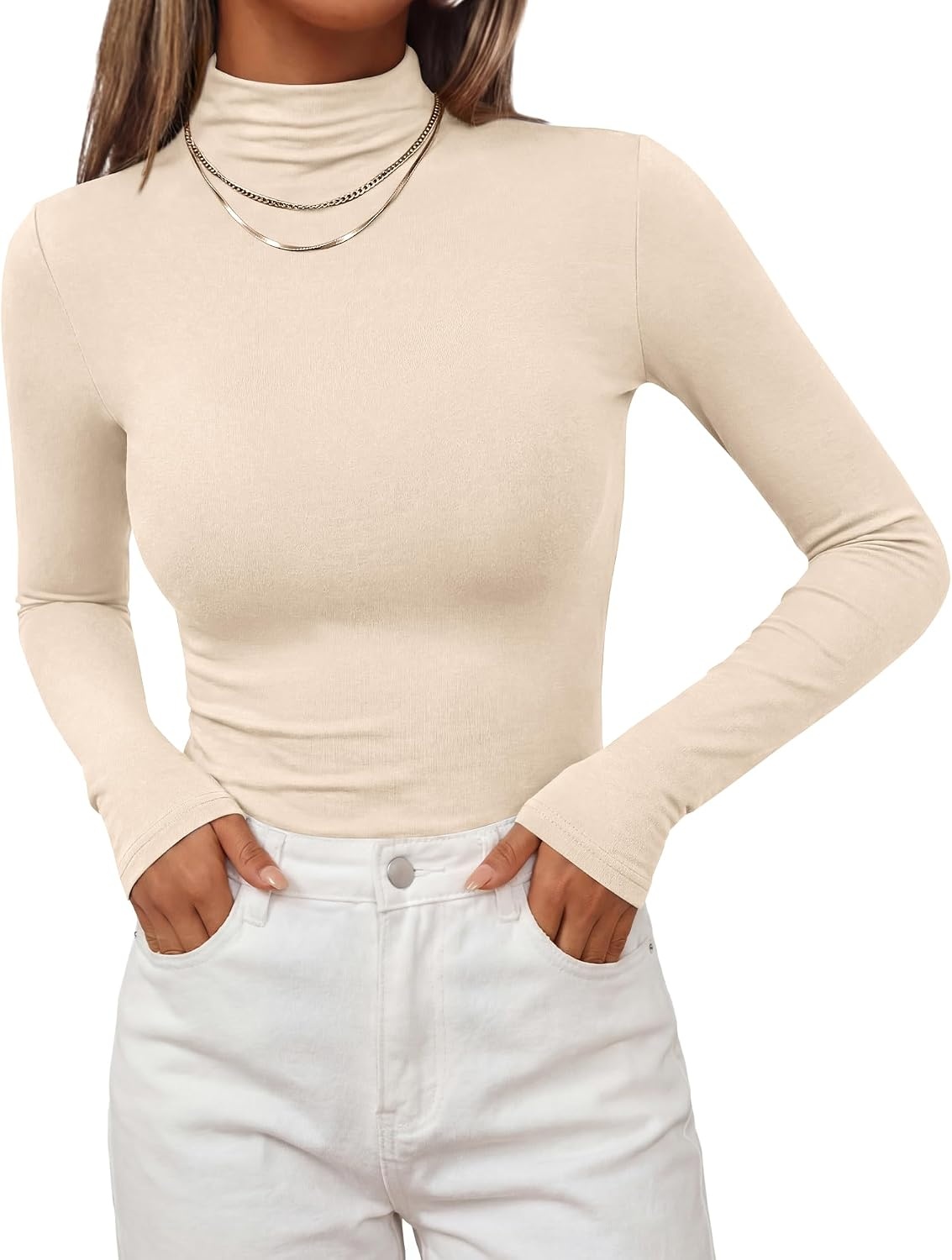 image:imageBTFBM Mock Tops for Women Fitted Long Sleeve T ShirtsBeige