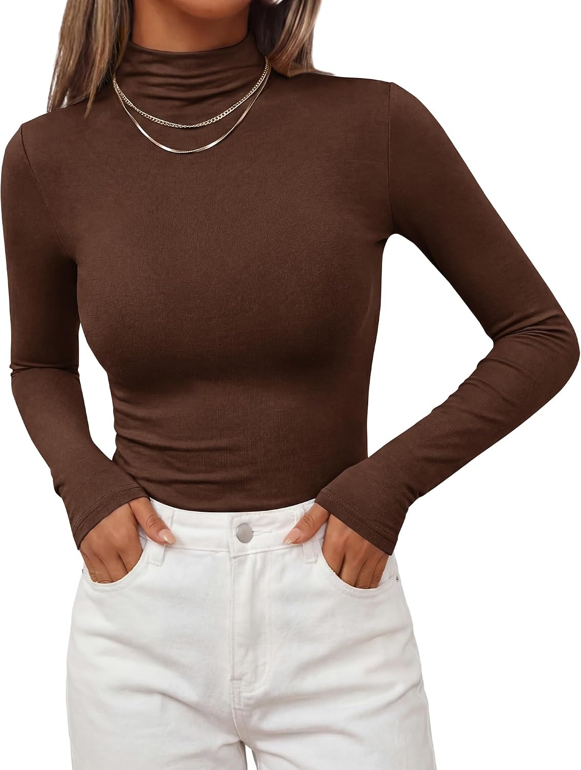 image:imageBTFBM Mock Tops for Women Fitted Long Sleeve T ShirtsBrown
