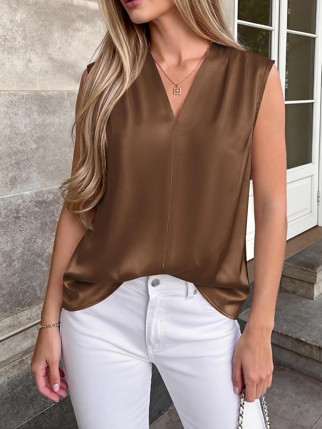 image:imageBTFBM Satin Tank Tops for Women Business CasualBrown