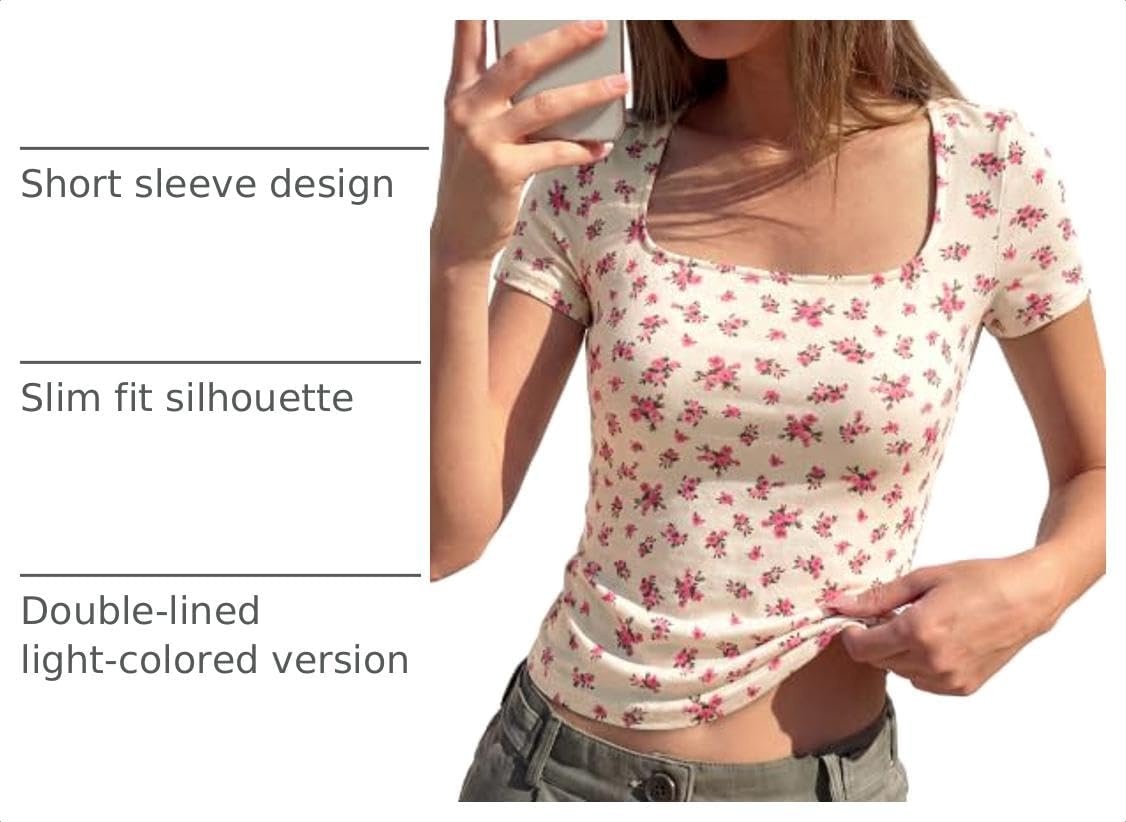 image:imageBTFBM Square Neck Tops for Women Floral Summer ShirtsBeige Pink Flower