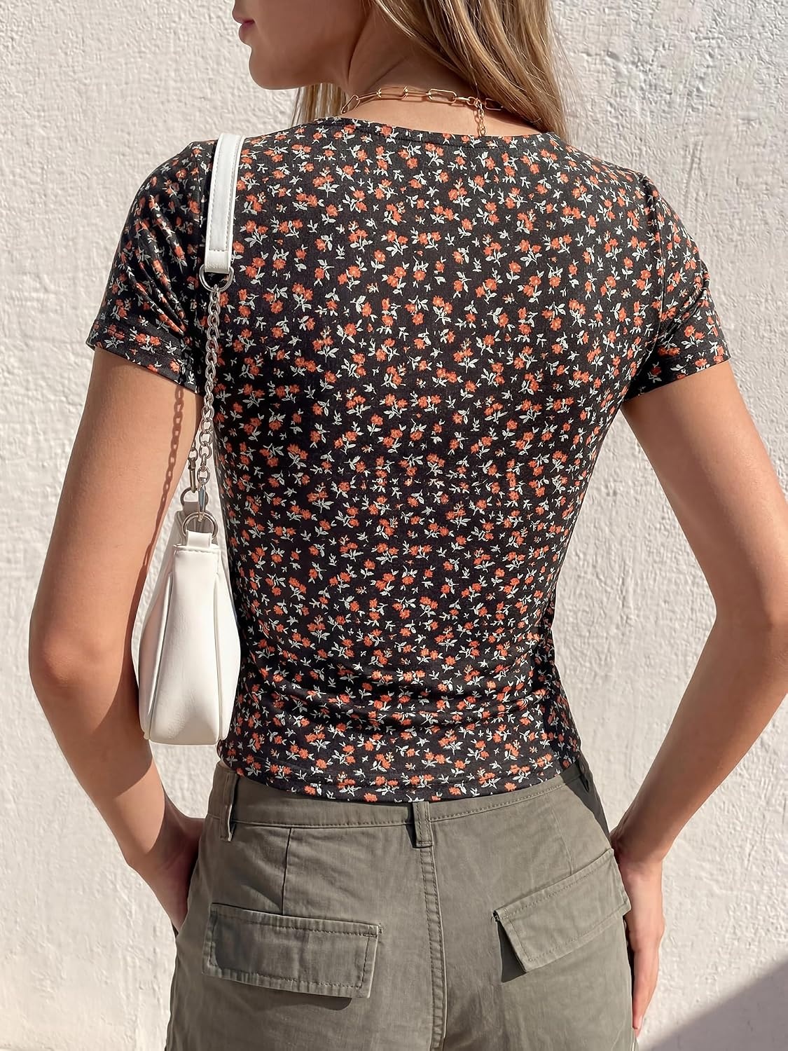 image:imageBTFBM Square Neck Tops for Women Floral Summer ShirtsBlack Orange Flower