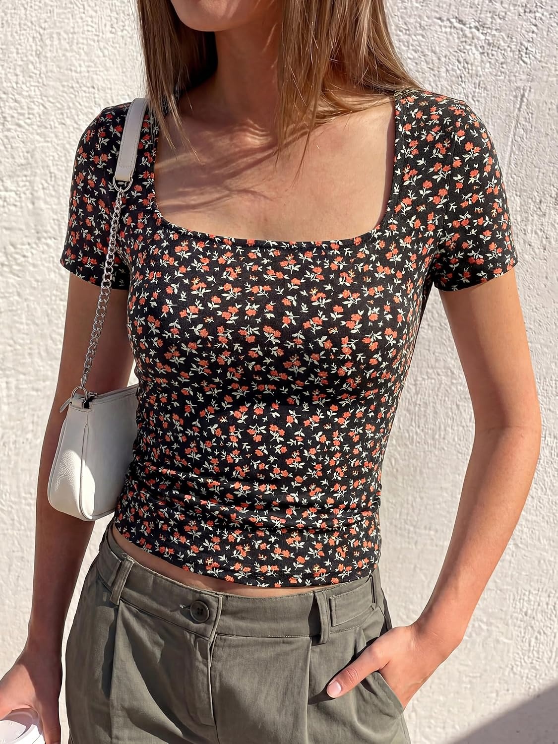 image:imageBTFBM Square Neck Tops for Women Floral Summer ShirtsBlack Orange Flower