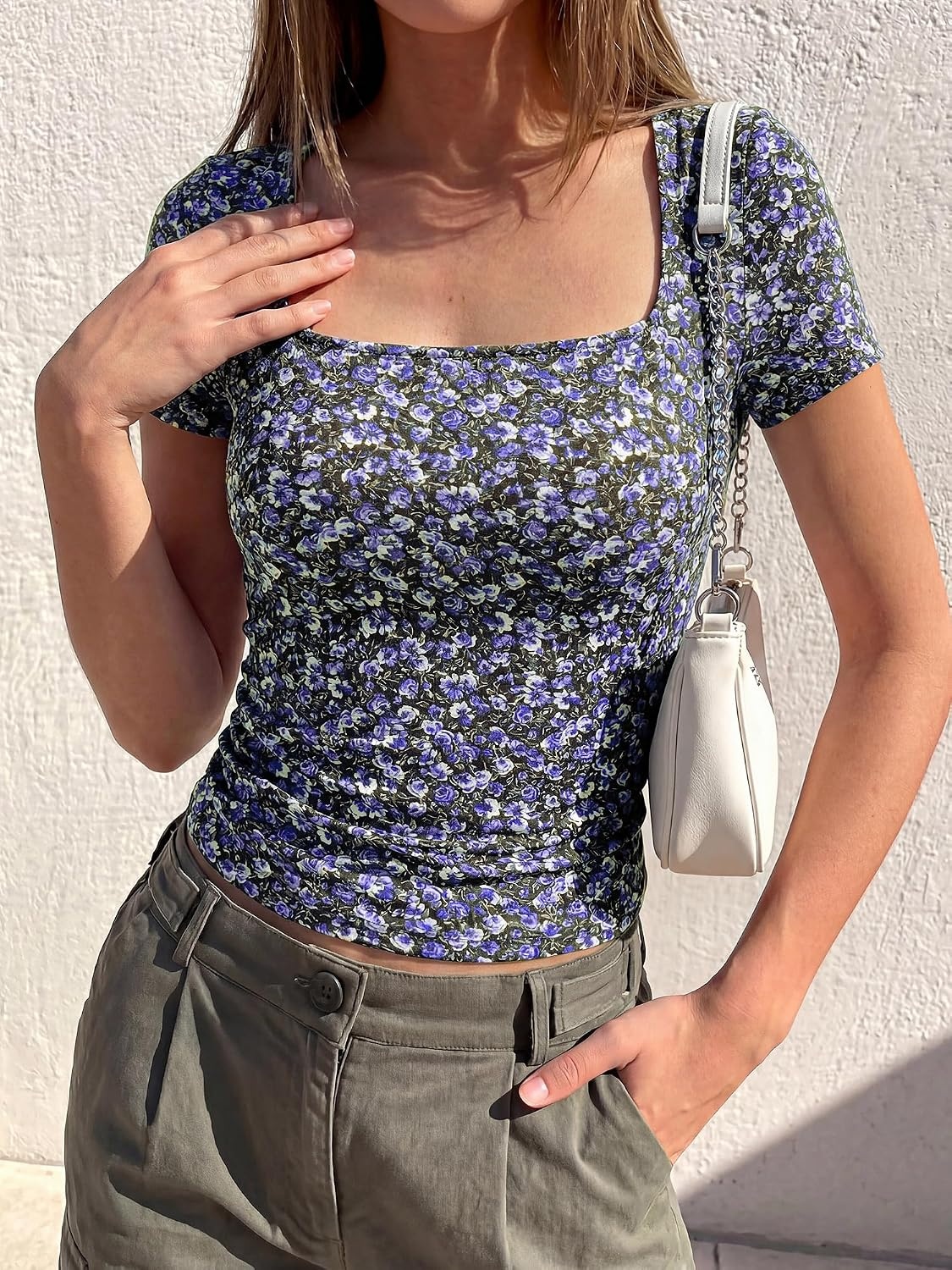 image:imageBTFBM Square Neck Tops for Women Floral Summer ShirtsBlack Purple Flower