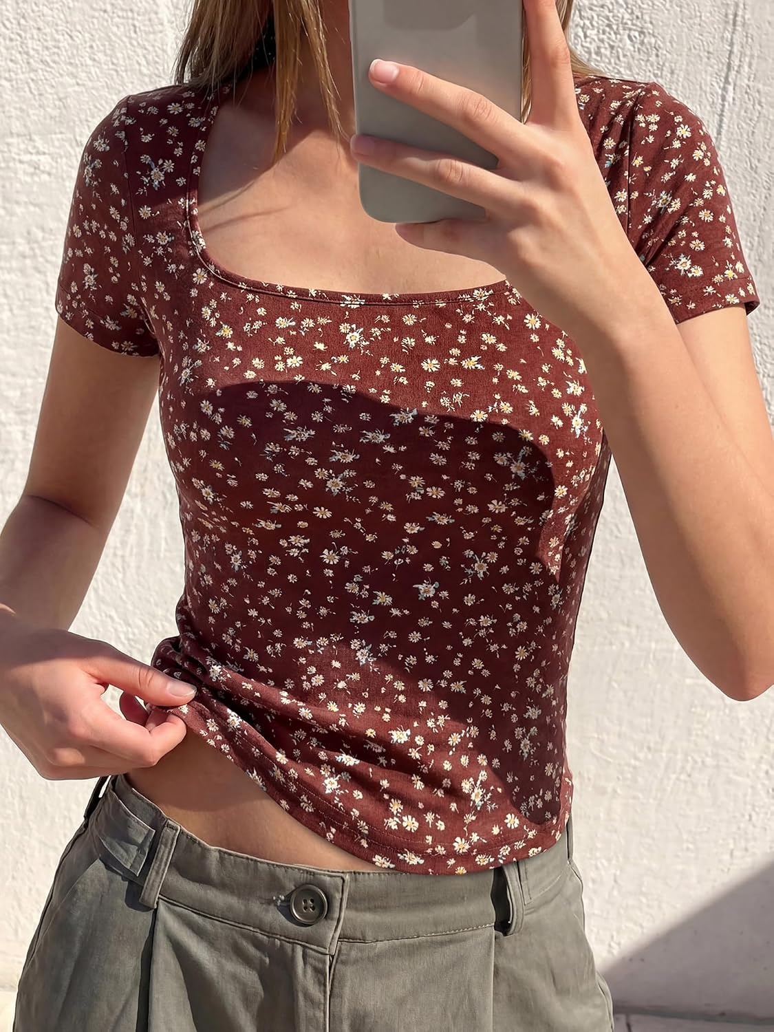 image:imageBTFBM Square Neck Tops for Women Floral Summer ShirtsBrown Beige Flower