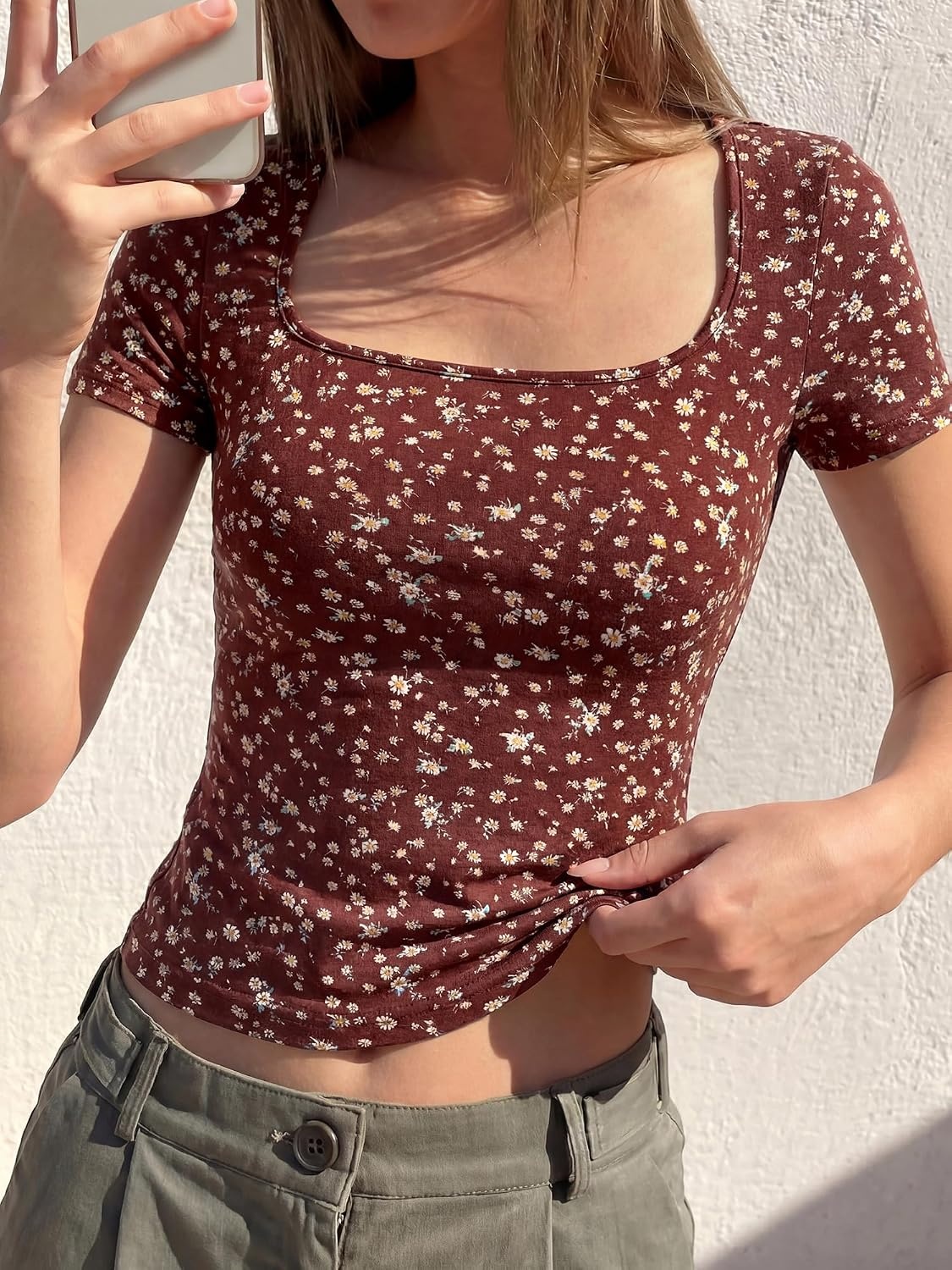 image:imageBTFBM Square Neck Tops for Women Floral Summer ShirtsBrown Beige Flower