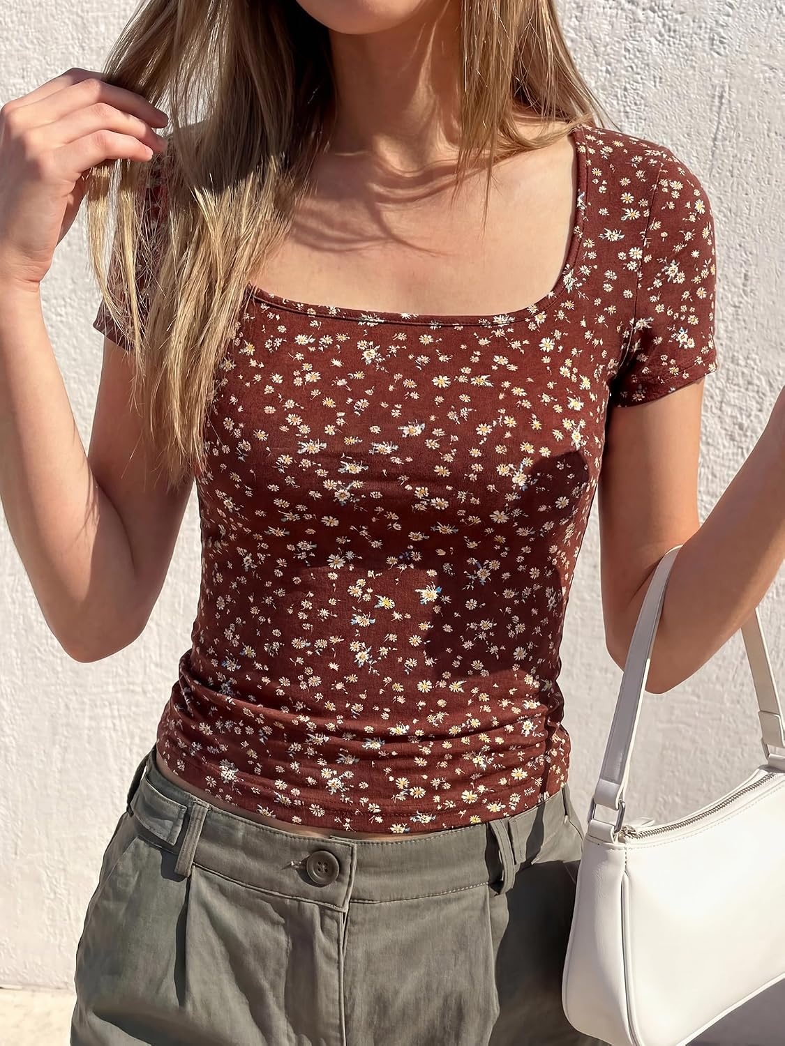 image:imageBTFBM Square Neck Tops for Women Floral Summer ShirtsBrown Beige Flower
