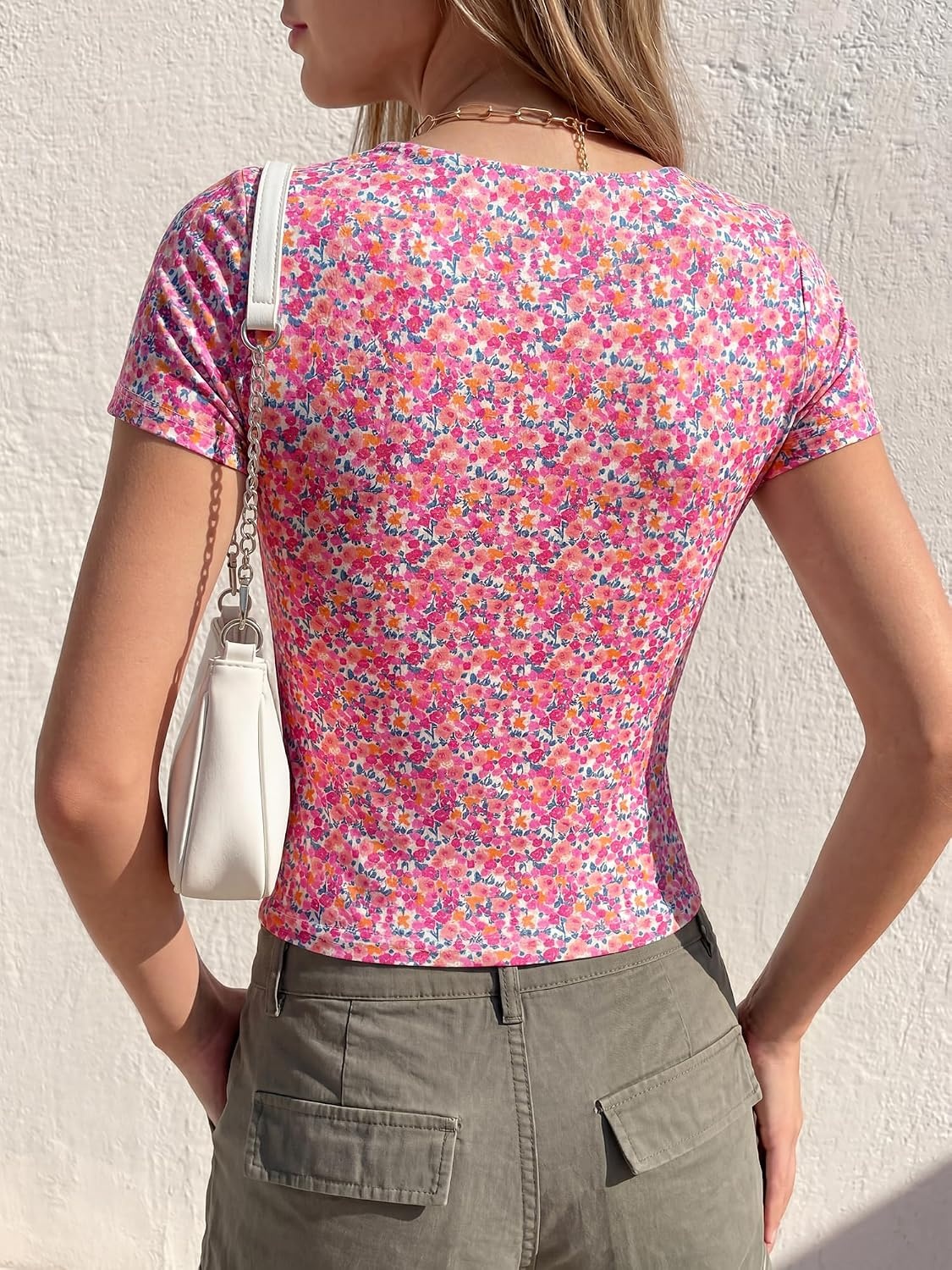 image:imageBTFBM Square Neck Tops for Women Floral Summer ShirtsWhite Pink Flower