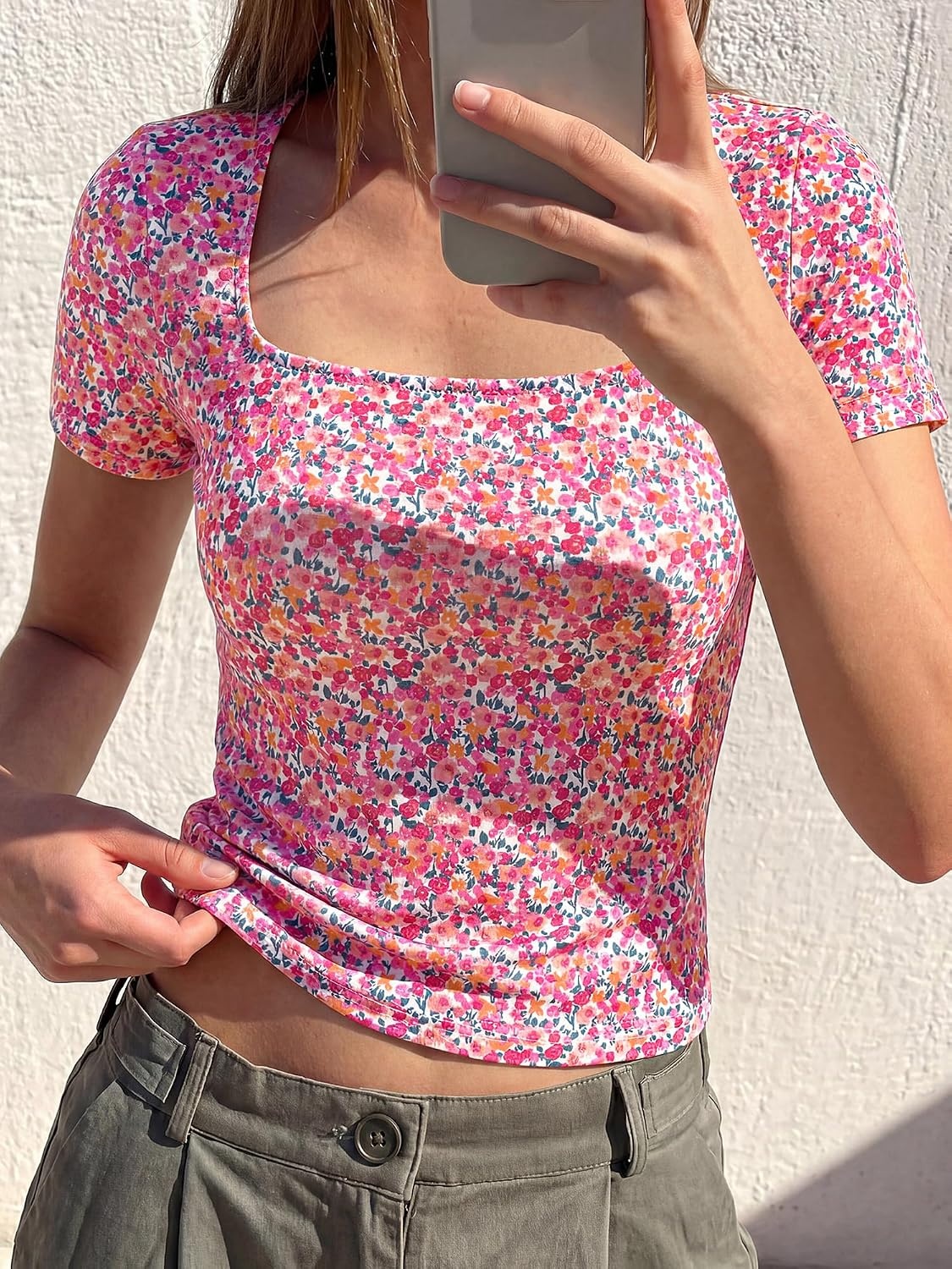image:imageBTFBM Square Neck Tops for Women Floral Summer ShirtsWhite Pink Flower