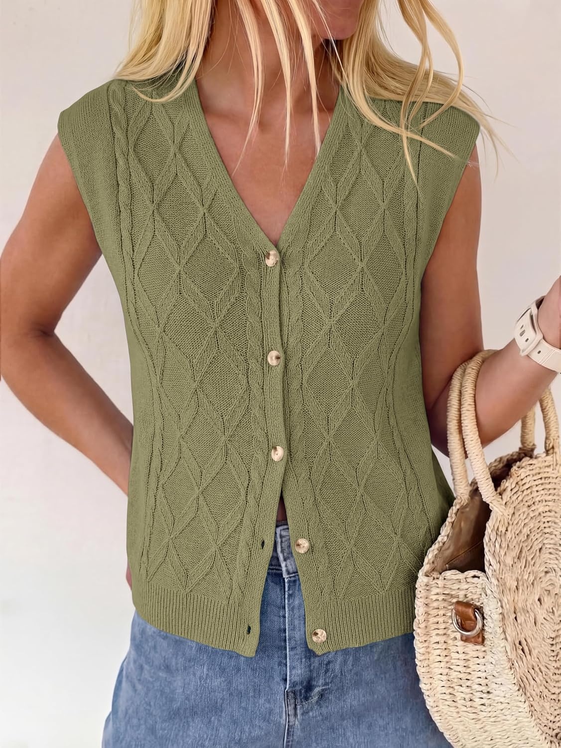 image:imageBTFBM Vest Tops for Women Summer V Neck Button Loose Lightweight Cardigan Knit Cap Sleeve Sweater Vests Fashion ClothingArmy Green