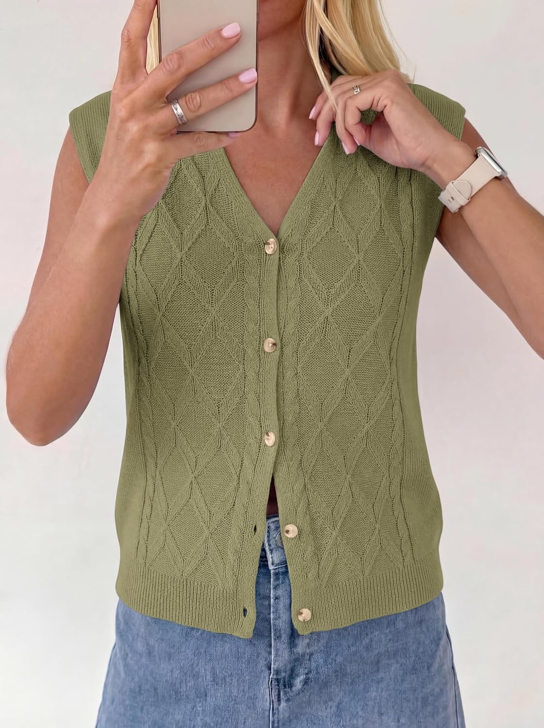 image:imageBTFBM Vest Tops for Women Summer V Neck Button Loose Lightweight Cardigan Knit Cap Sleeve Sweater Vests Fashion ClothingArmy Green