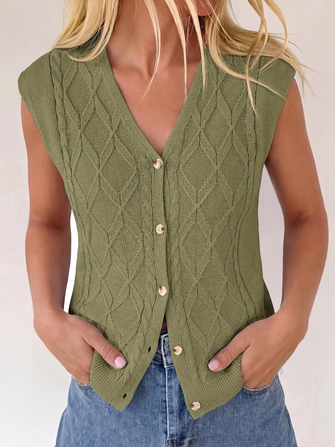 image:imageBTFBM Vest Tops for Women Summer V Neck Button Loose Lightweight Cardigan Knit Cap Sleeve Sweater Vests Fashion ClothingArmy Green