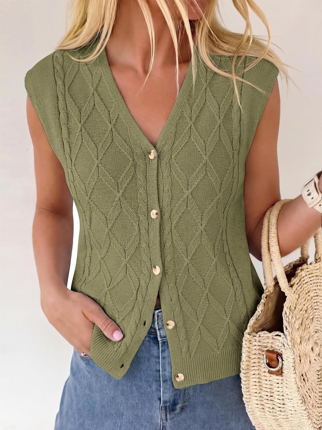 image:imageBTFBM Vest Tops for Women Summer V Neck Button Loose Lightweight Cardigan Knit Cap Sleeve Sweater Vests Fashion ClothingArmy Green