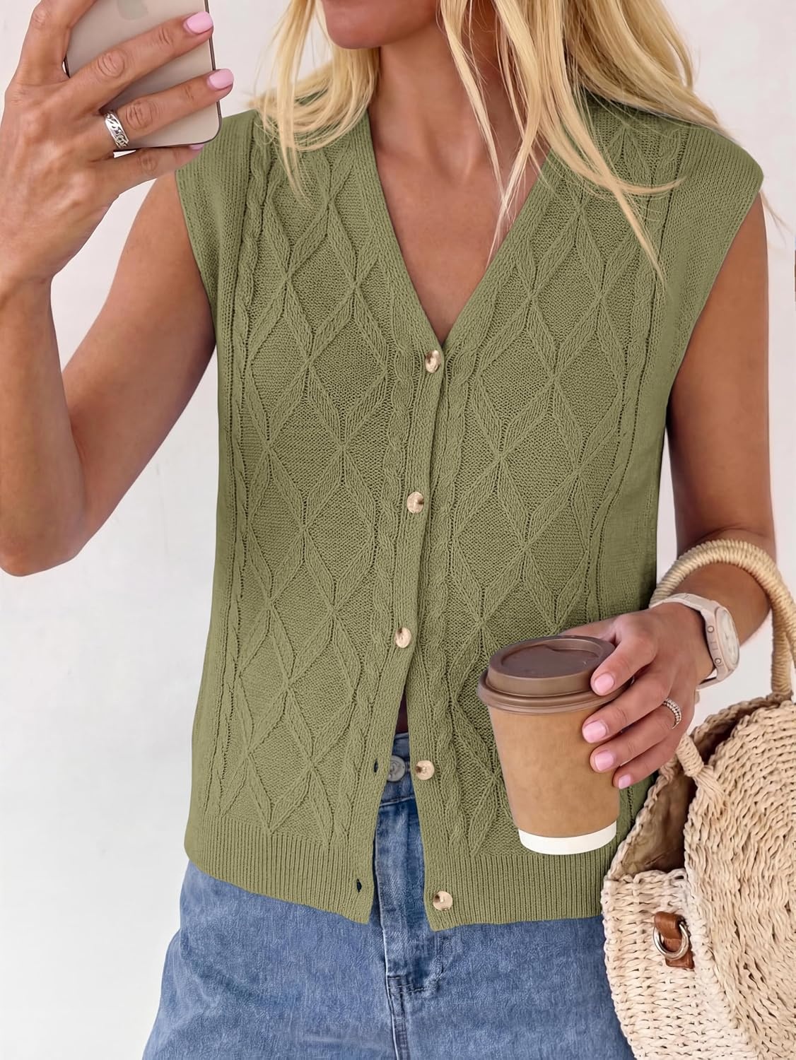 image:imageBTFBM Vest Tops for Women Summer V Neck Button Loose Lightweight Cardigan Knit Cap Sleeve Sweater Vests Fashion ClothingArmy Green