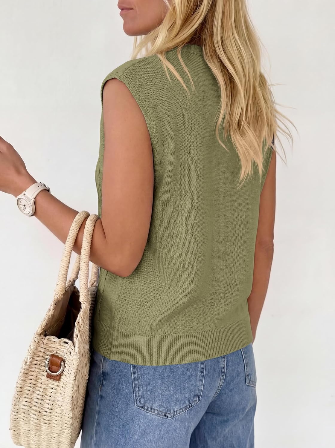 image:imageBTFBM Vest Tops for Women Summer V Neck Button Loose Lightweight Cardigan Knit Cap Sleeve Sweater Vests Fashion ClothingArmy Green