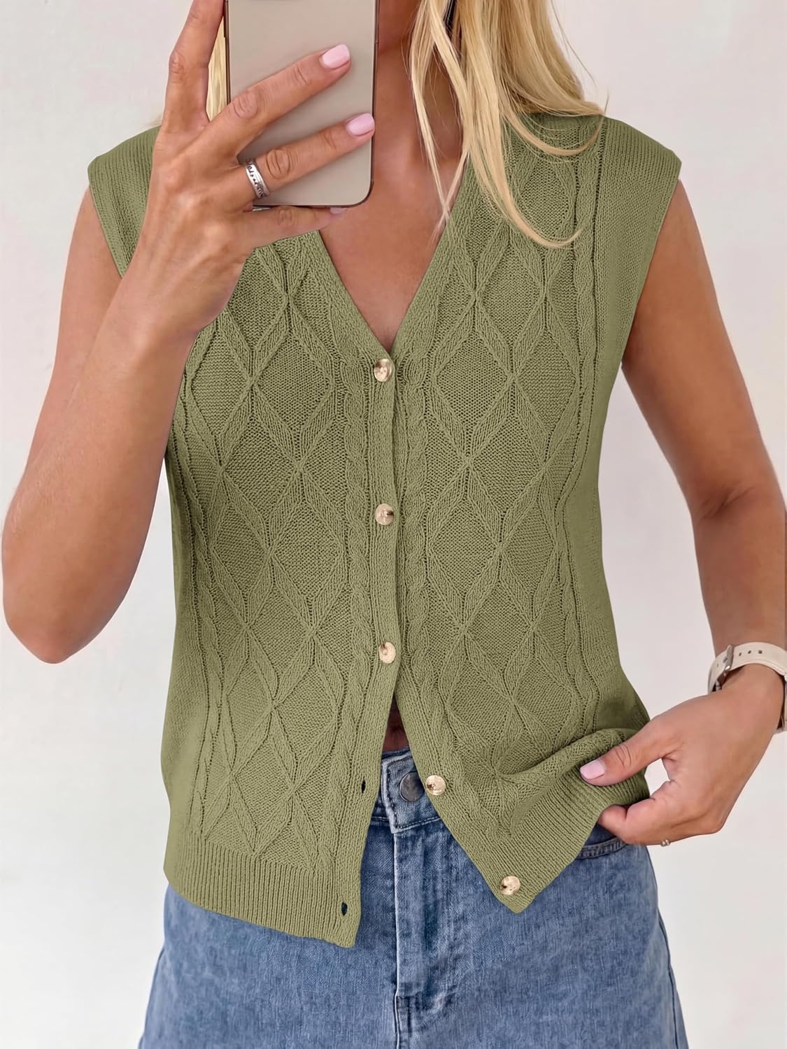 image:imageBTFBM Vest Tops for Women Summer V Neck Button Loose Lightweight Cardigan Knit Cap Sleeve Sweater Vests Fashion ClothingArmy Green