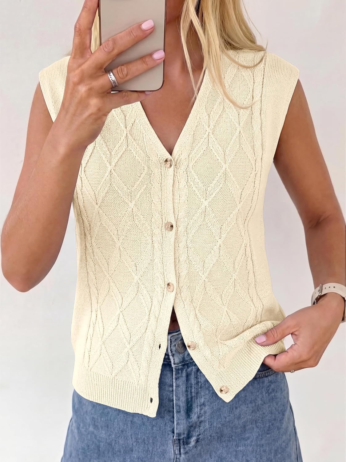 image:imageBTFBM Vest Tops for Women Summer V Neck Button Loose Lightweight Cardigan Knit Cap Sleeve Sweater Vests Fashion ClothingBeige