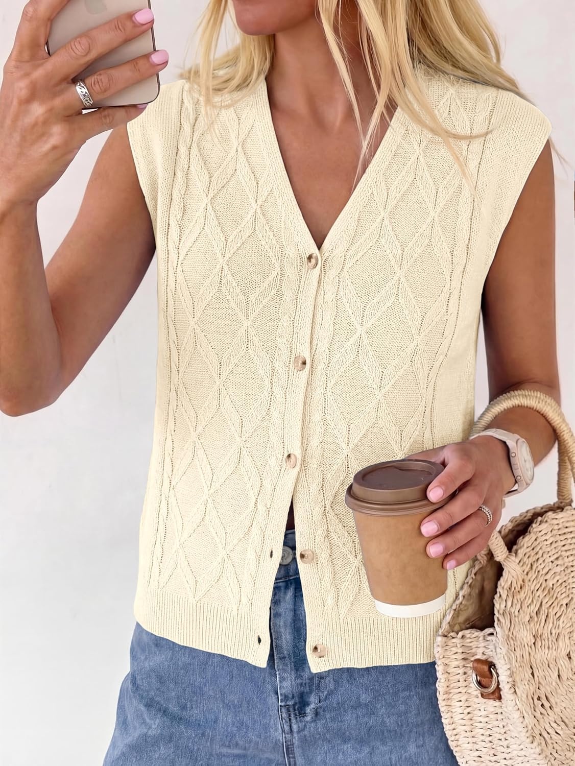 image:imageBTFBM Vest Tops for Women Summer V Neck Button Loose Lightweight Cardigan Knit Cap Sleeve Sweater Vests Fashion ClothingBeige