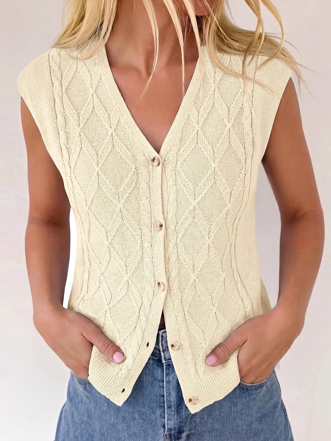 image:imageBTFBM Vest Tops for Women Summer V Neck Button Loose Lightweight Cardigan Knit Cap Sleeve Sweater Vests Fashion ClothingBeige