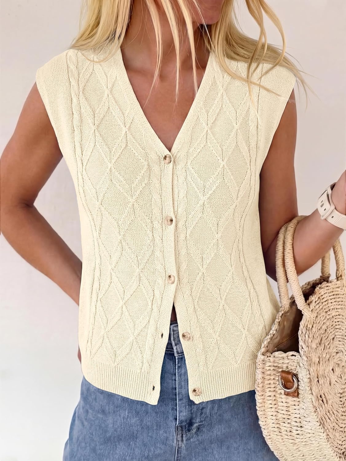 image:imageBTFBM Vest Tops for Women Summer V Neck Button Loose Lightweight Cardigan Knit Cap Sleeve Sweater Vests Fashion ClothingBeige