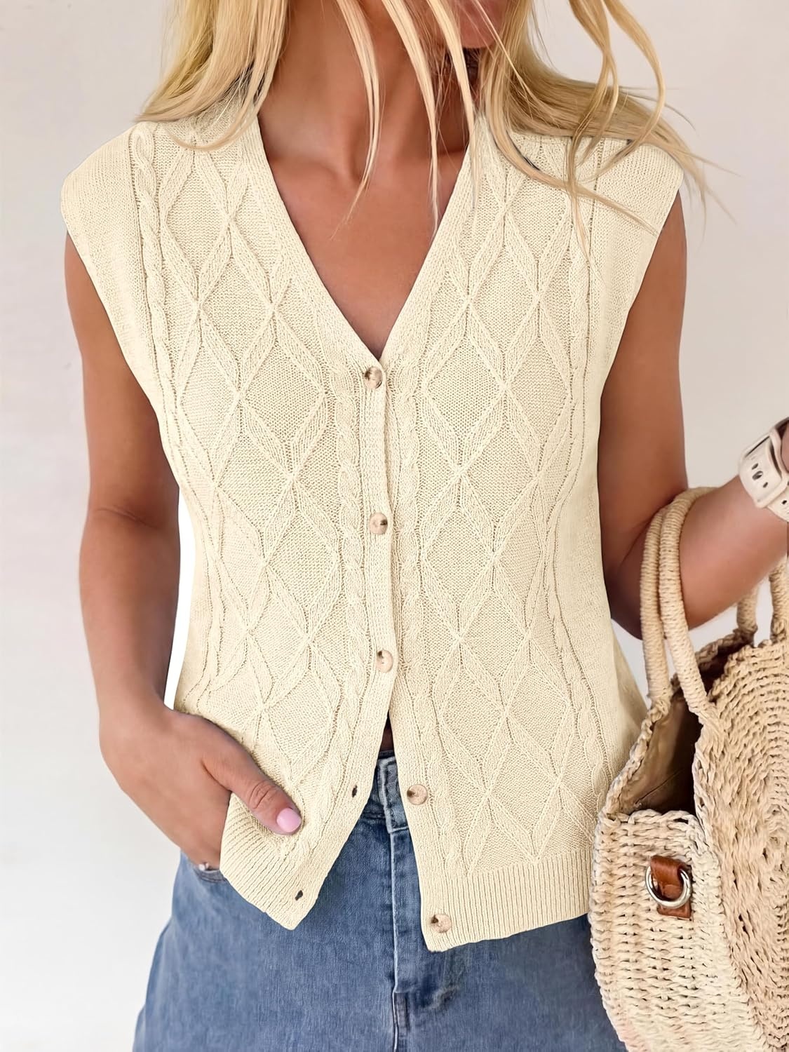 image:imageBTFBM Vest Tops for Women Summer V Neck Button Loose Lightweight Cardigan Knit Cap Sleeve Sweater Vests Fashion ClothingBeige