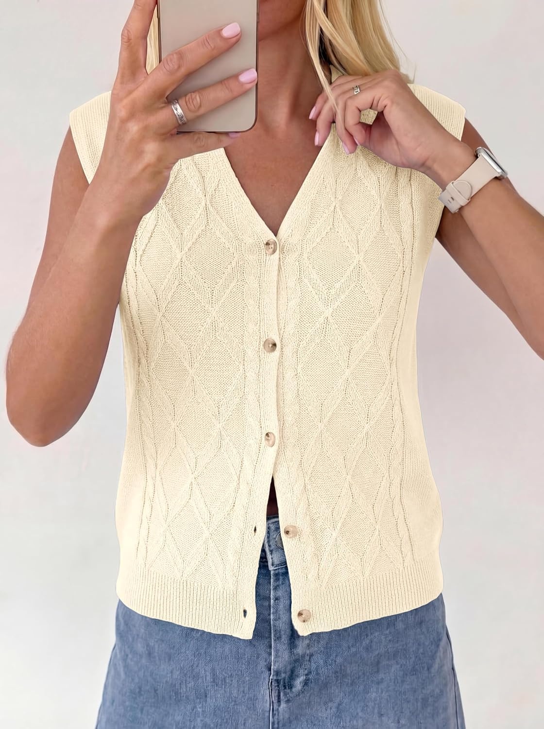 image:imageBTFBM Vest Tops for Women Summer V Neck Button Loose Lightweight Cardigan Knit Cap Sleeve Sweater Vests Fashion ClothingBeige