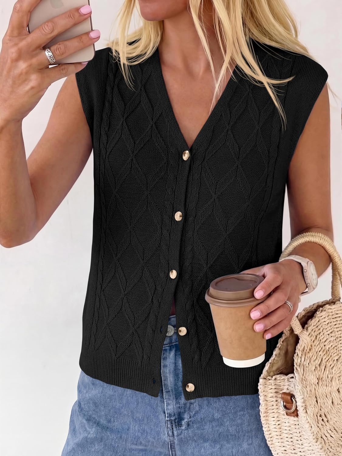 image:imageBTFBM Vest Tops for Women Summer V Neck Button Loose Lightweight Cardigan Knit Cap Sleeve Sweater Vests Fashion ClothingBlack