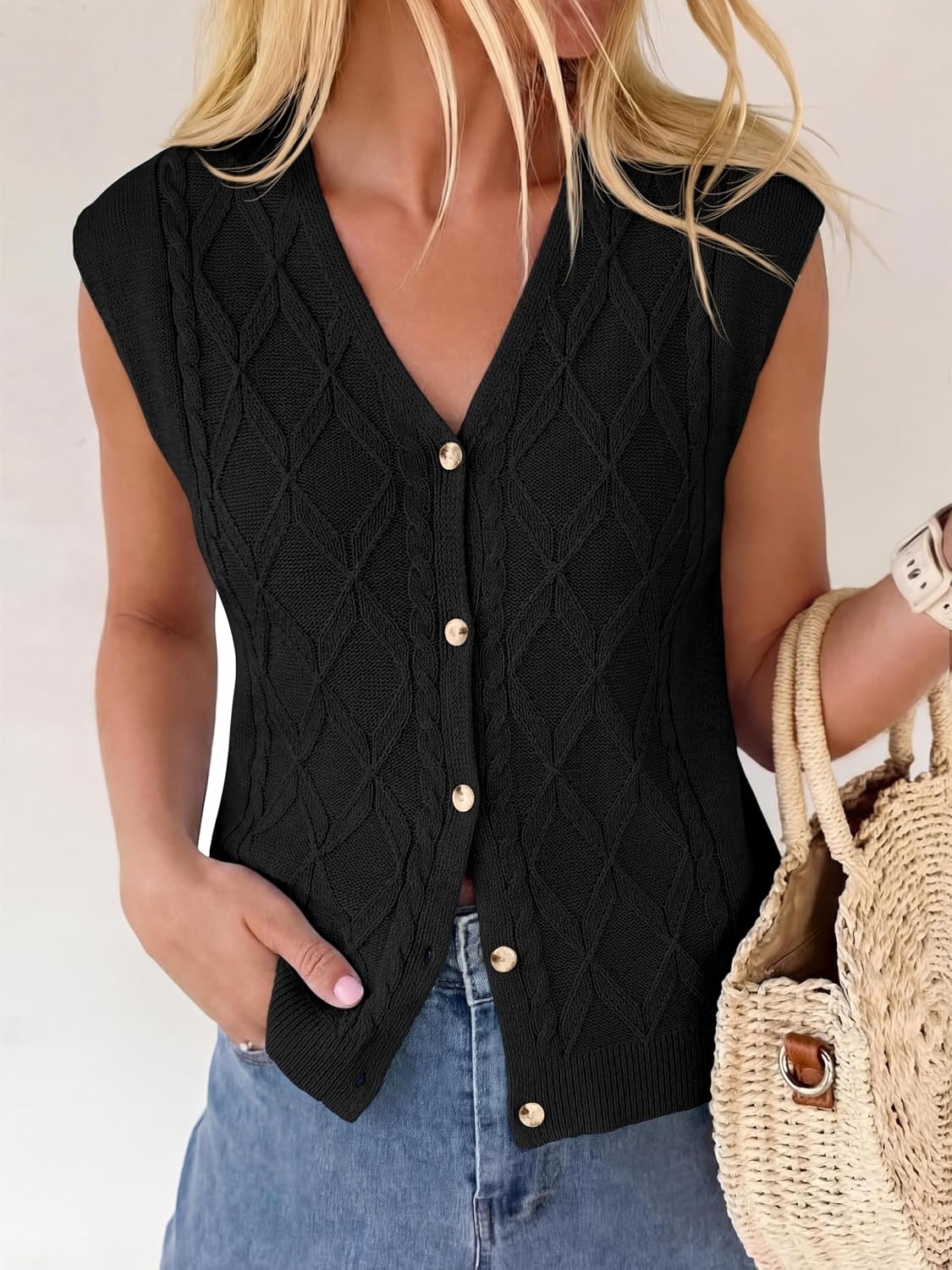 image:imageBTFBM Vest Tops for Women Summer V Neck Button Loose Lightweight Cardigan Knit Cap Sleeve Sweater Vests Fashion ClothingBlack