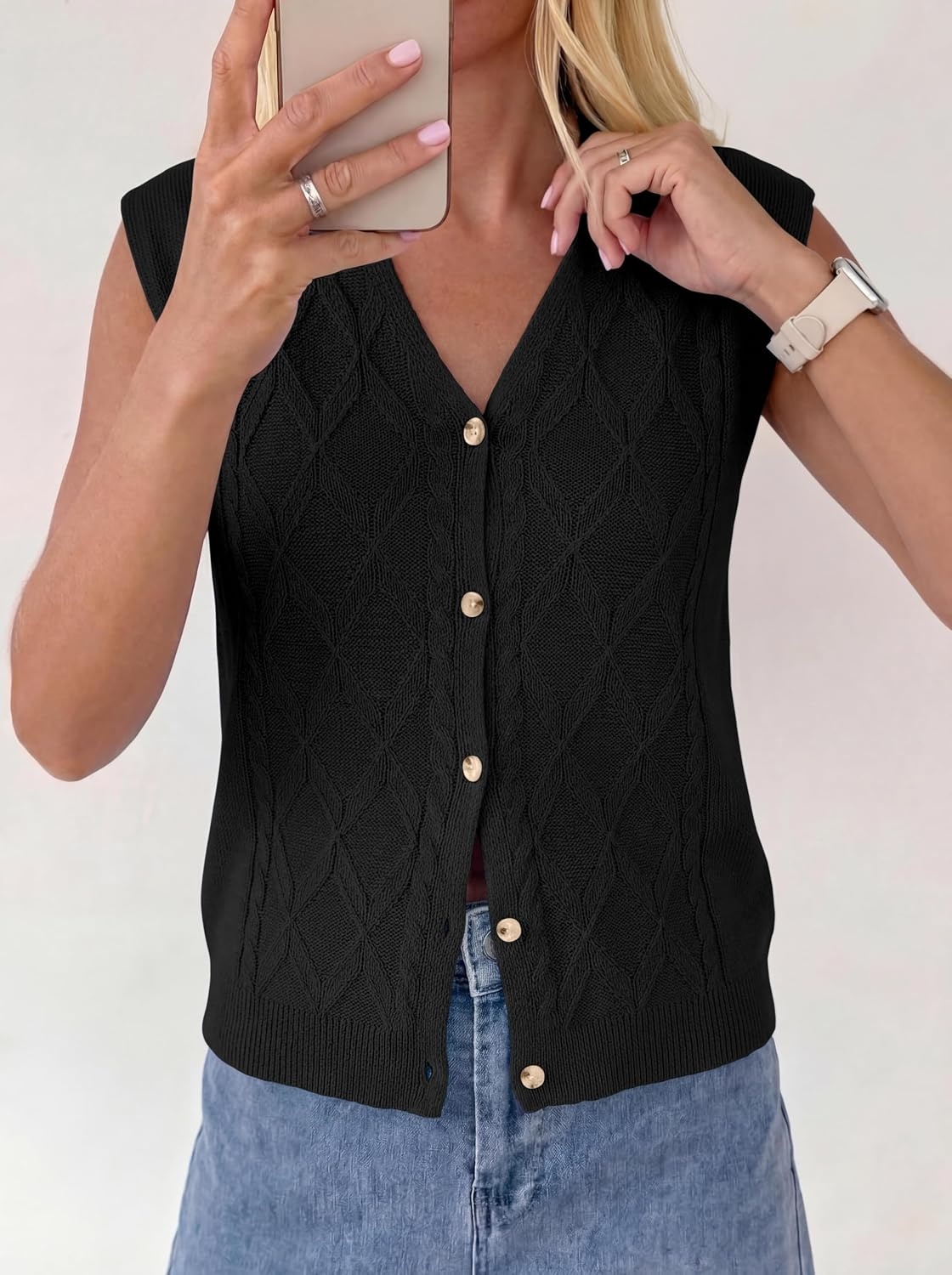 image:imageBTFBM Vest Tops for Women Summer V Neck Button Loose Lightweight Cardigan Knit Cap Sleeve Sweater Vests Fashion ClothingBlack