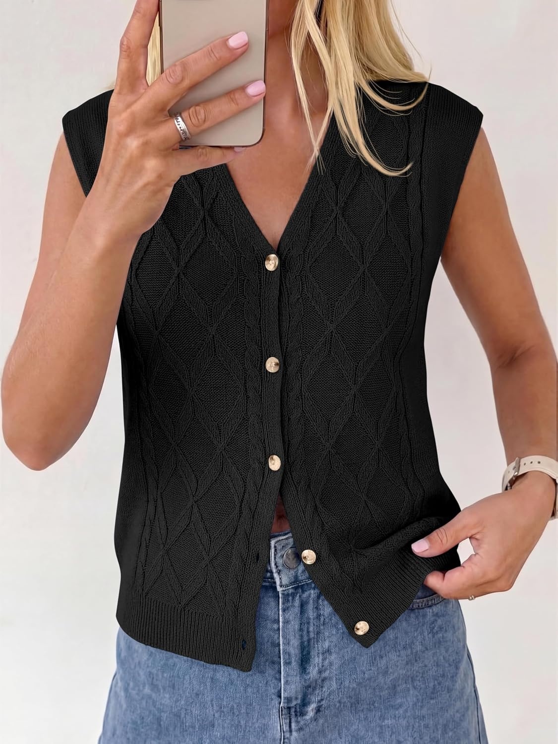 image:imageBTFBM Vest Tops for Women Summer V Neck Button Loose Lightweight Cardigan Knit Cap Sleeve Sweater Vests Fashion ClothingBlack