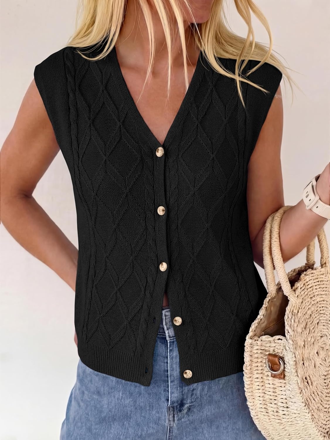 image:imageBTFBM Vest Tops for Women Summer V Neck Button Loose Lightweight Cardigan Knit Cap Sleeve Sweater Vests Fashion ClothingBlack