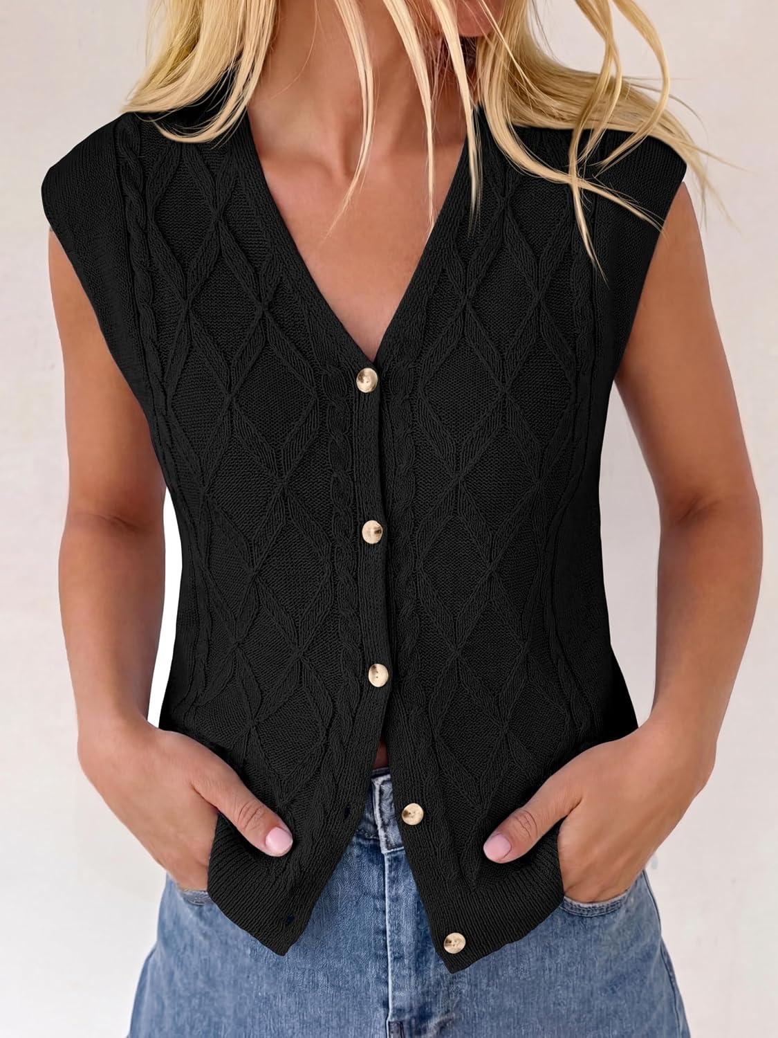 image:imageBTFBM Vest Tops for Women Summer V Neck Button Loose Lightweight Cardigan Knit Cap Sleeve Sweater Vests Fashion ClothingBlack