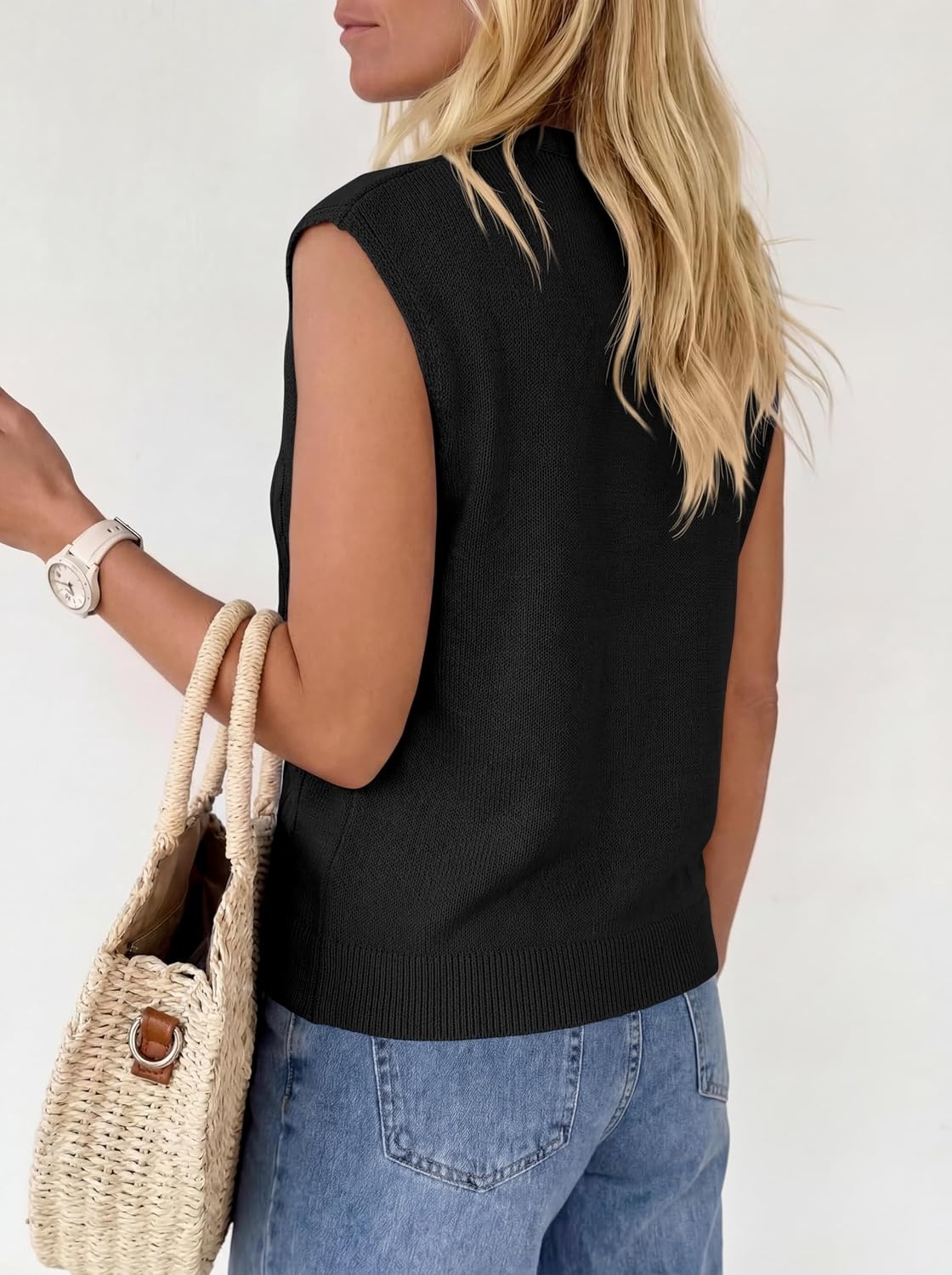 image:imageBTFBM Vest Tops for Women Summer V Neck Button Loose Lightweight Cardigan Knit Cap Sleeve Sweater Vests Fashion ClothingBlack