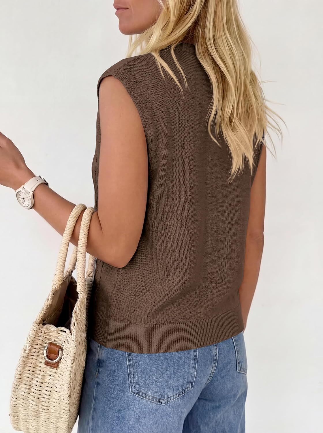 image:imageBTFBM Vest Tops for Women Summer V Neck Button Loose Lightweight Cardigan Knit Cap Sleeve Sweater Vests Fashion ClothingBrown