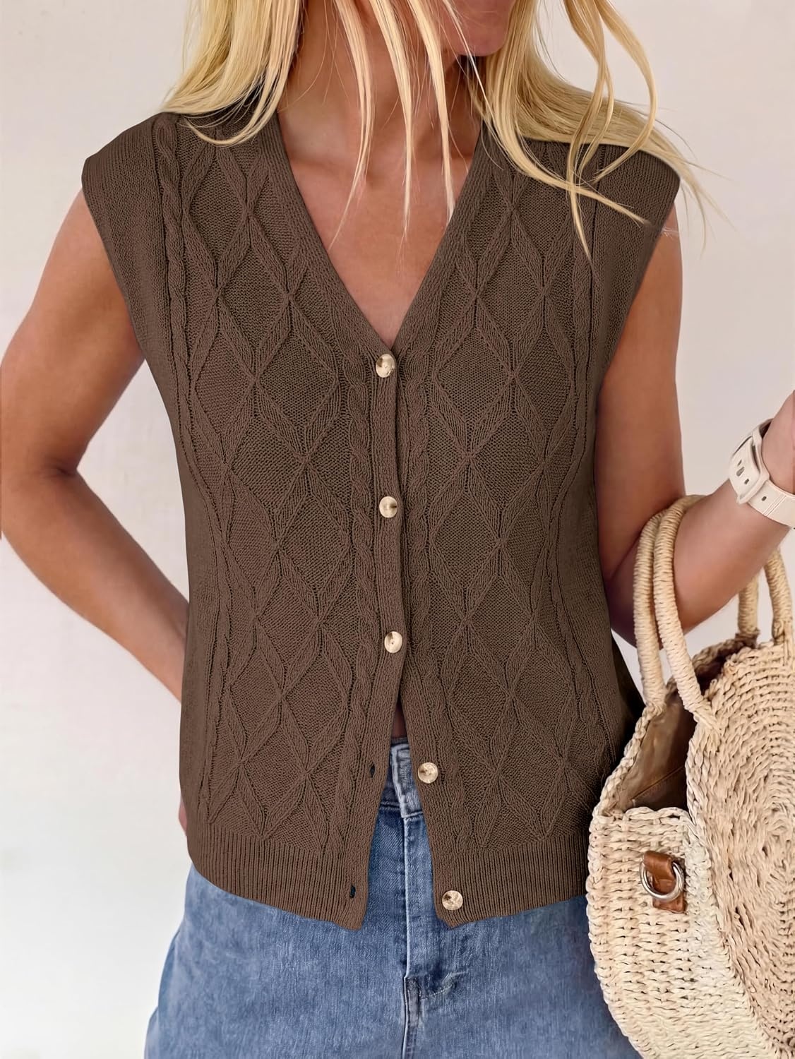 image:imageBTFBM Vest Tops for Women Summer V Neck Button Loose Lightweight Cardigan Knit Cap Sleeve Sweater Vests Fashion ClothingBrown
