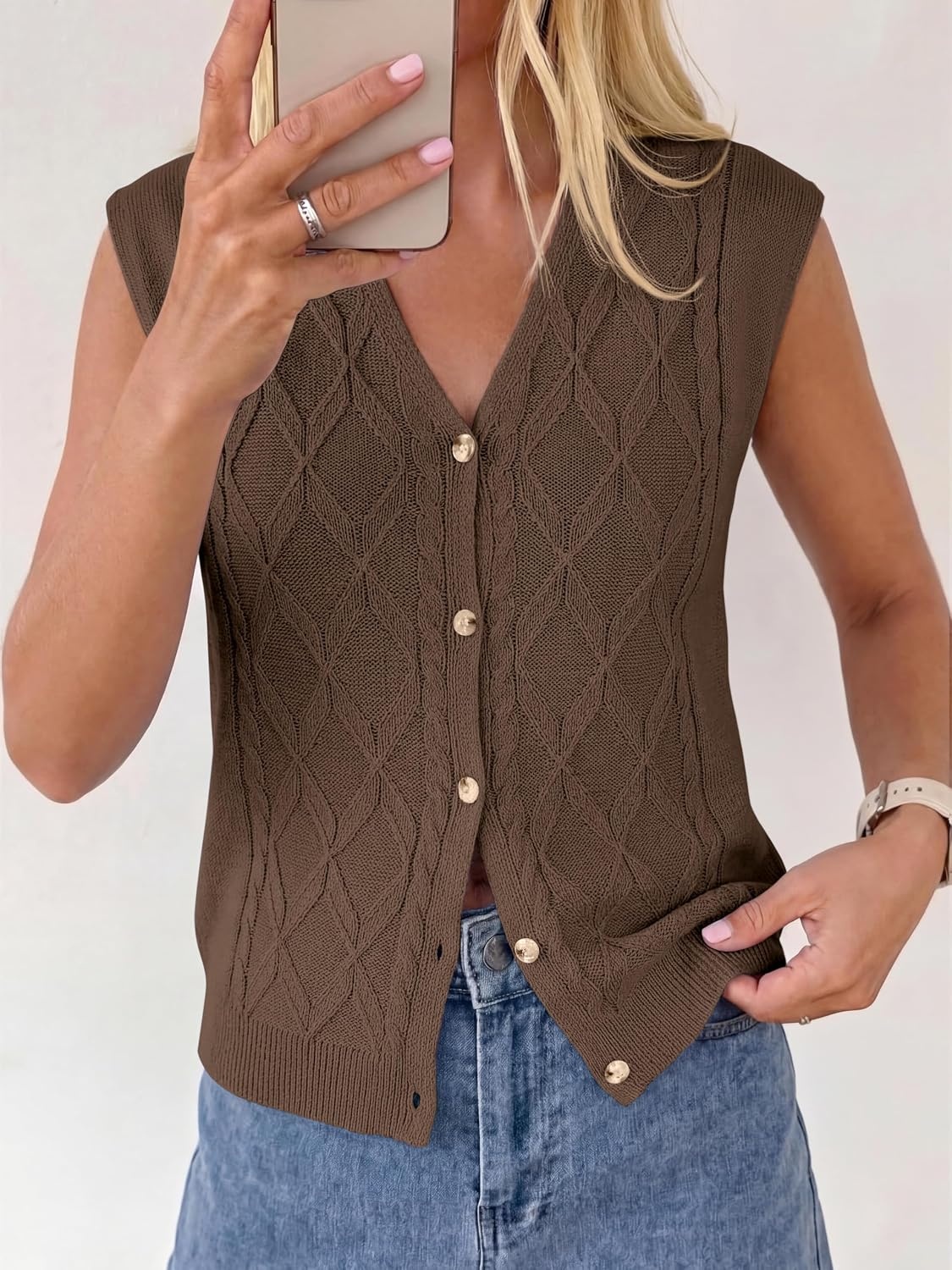 image:imageBTFBM Vest Tops for Women Summer V Neck Button Loose Lightweight Cardigan Knit Cap Sleeve Sweater Vests Fashion ClothingBrown