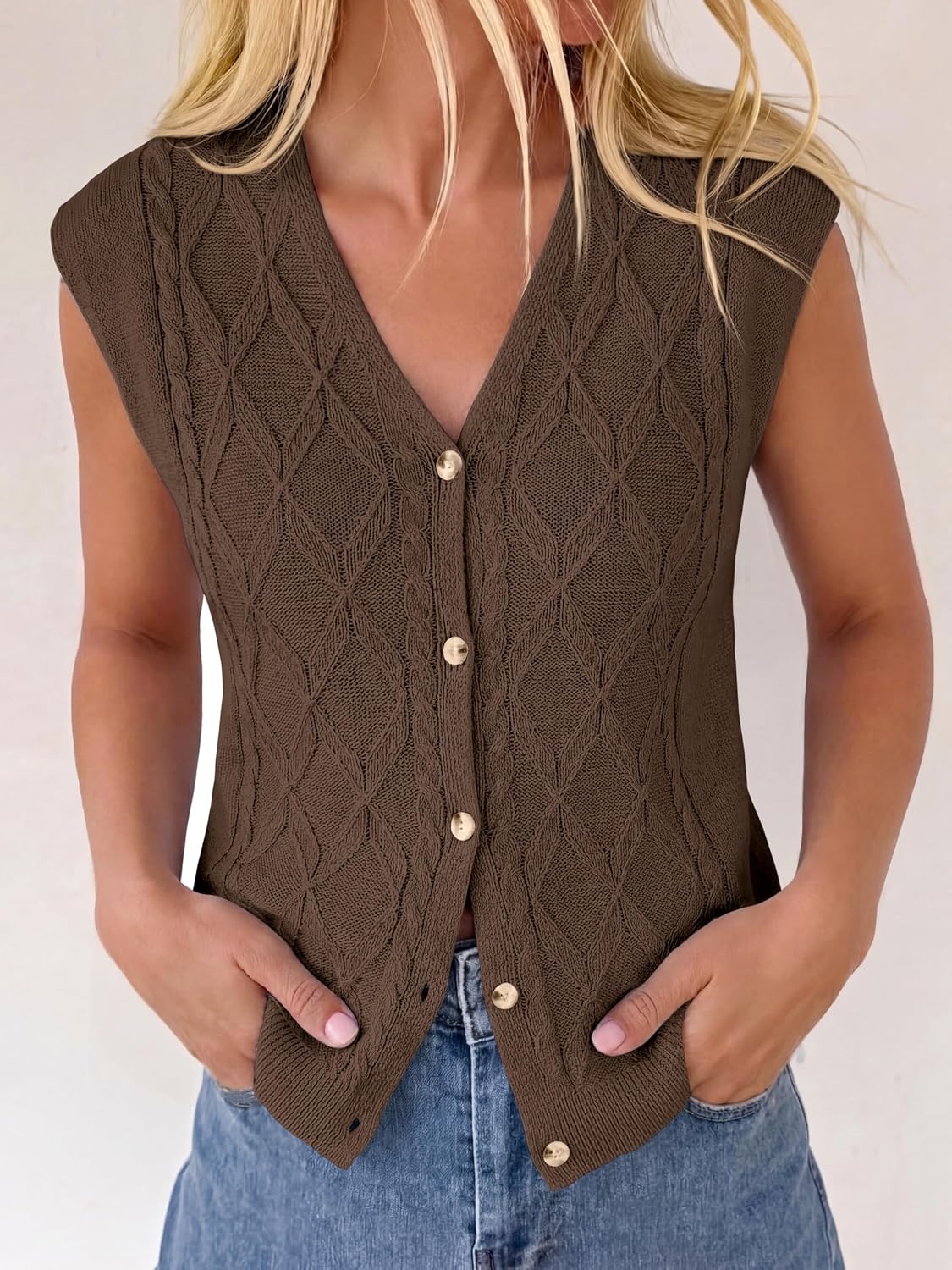 image:imageBTFBM Vest Tops for Women Summer V Neck Button Loose Lightweight Cardigan Knit Cap Sleeve Sweater Vests Fashion ClothingBrown