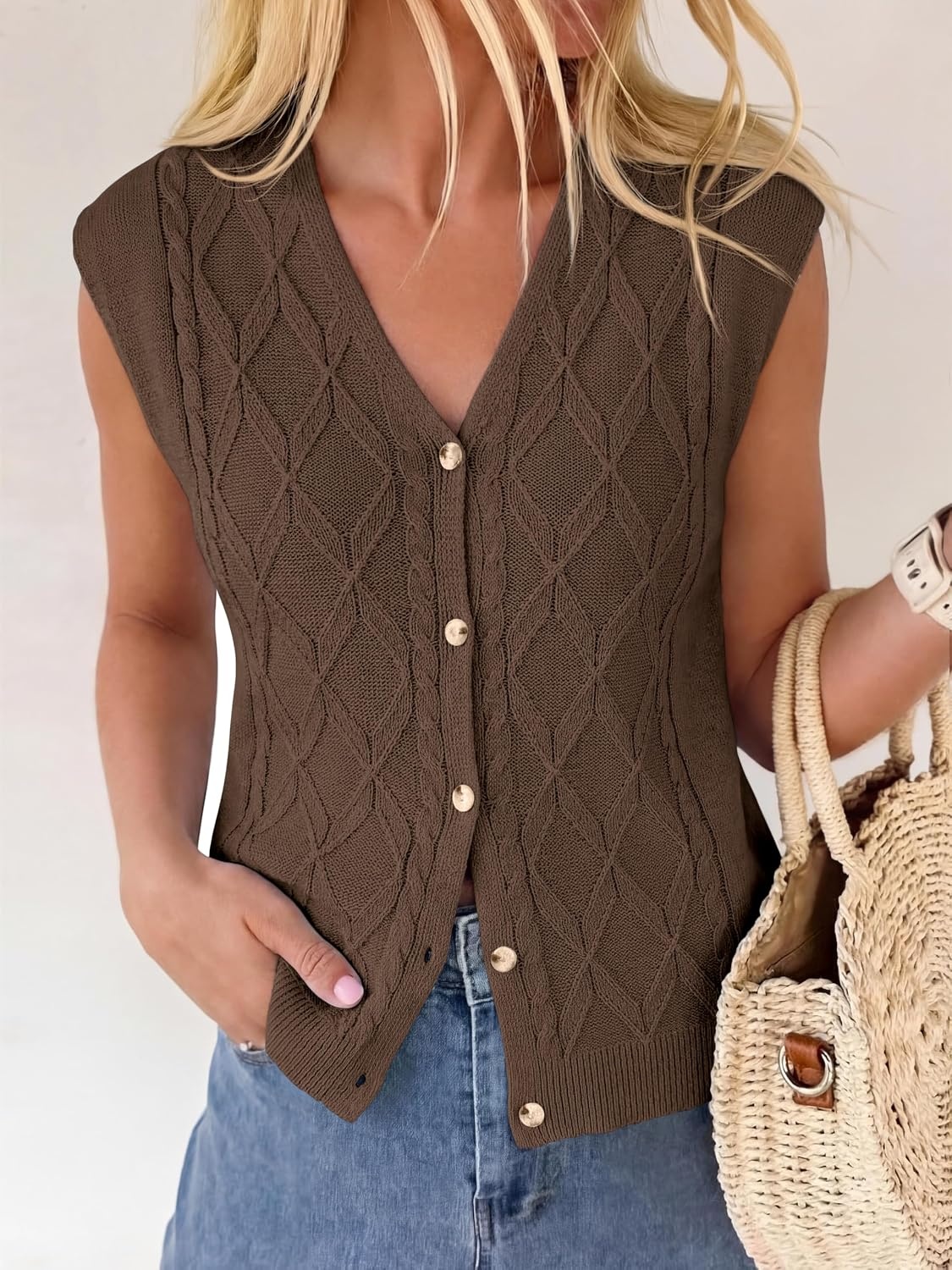image:imageBTFBM Vest Tops for Women Summer V Neck Button Loose Lightweight Cardigan Knit Cap Sleeve Sweater Vests Fashion ClothingBrown