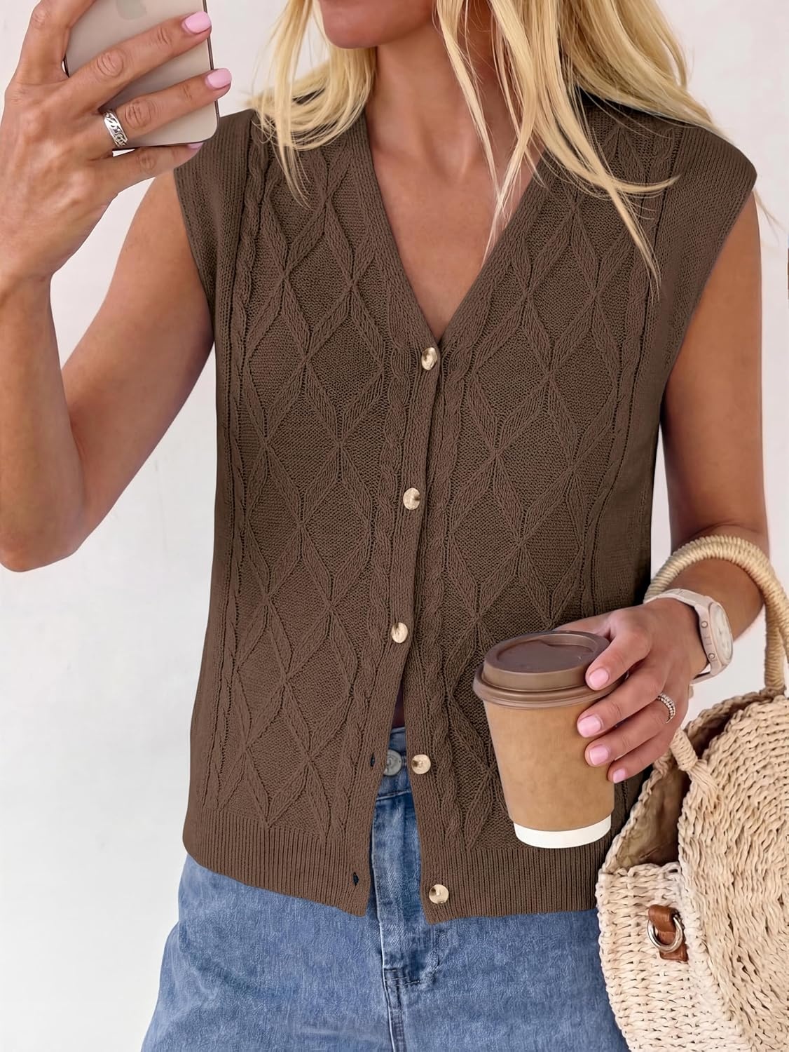 image:imageBTFBM Vest Tops for Women Summer V Neck Button Loose Lightweight Cardigan Knit Cap Sleeve Sweater Vests Fashion ClothingBrown