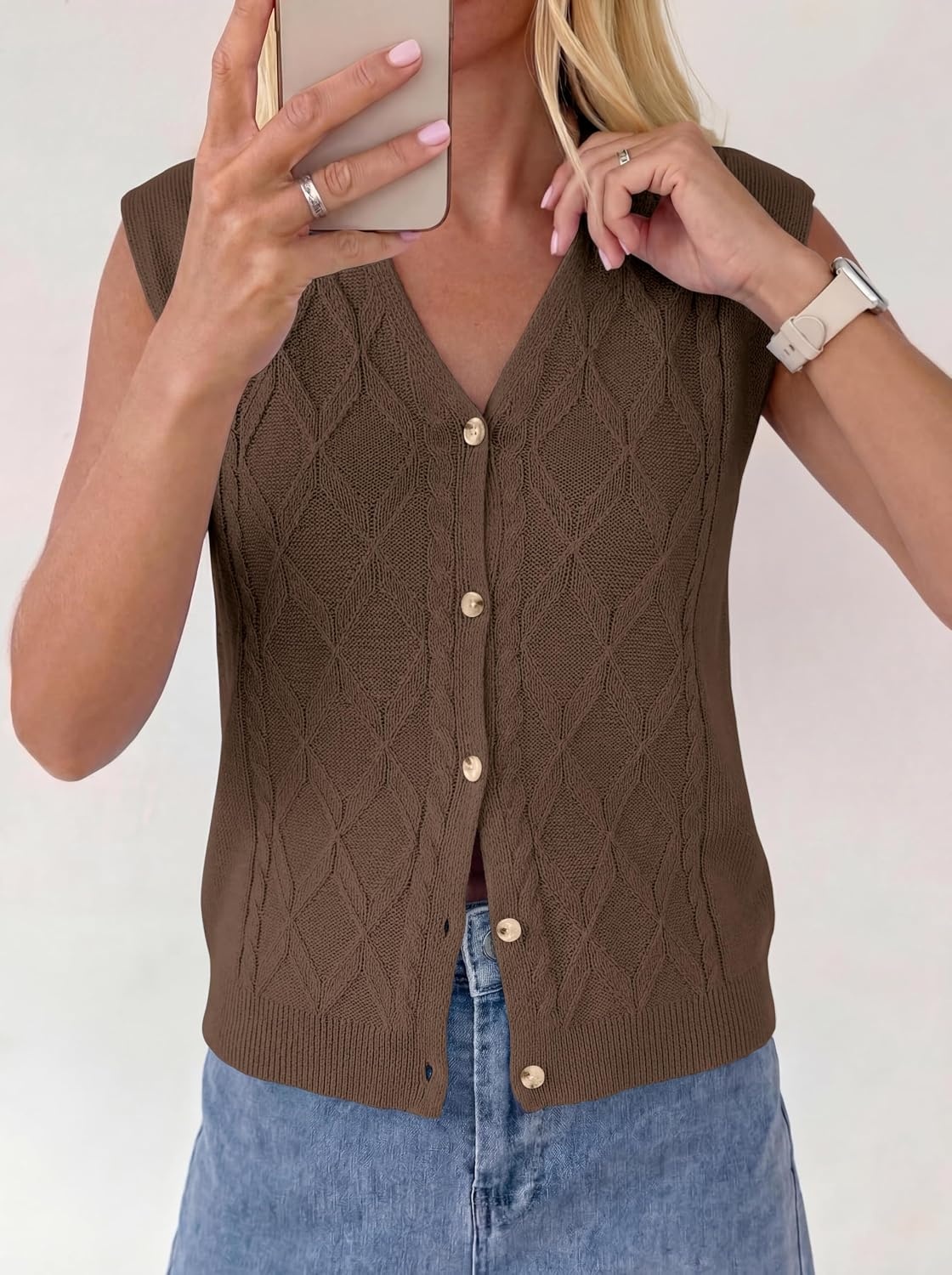 image:imageBTFBM Vest Tops for Women Summer V Neck Button Loose Lightweight Cardigan Knit Cap Sleeve Sweater Vests Fashion ClothingBrown
