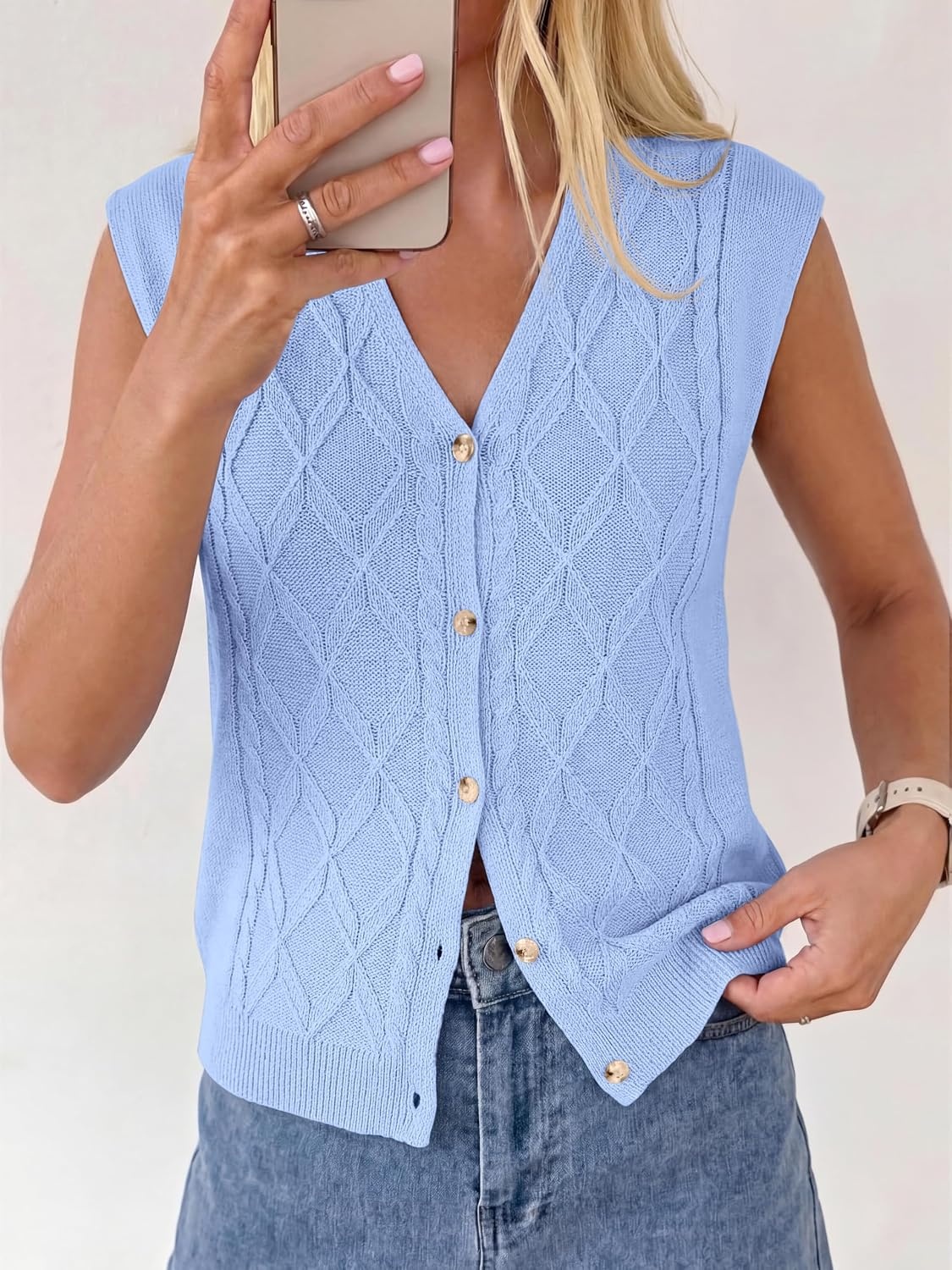 image:imageBTFBM Vest Tops for Women Summer V Neck Button Loose Lightweight Cardigan Knit Cap Sleeve Sweater Vests Fashion ClothingLight Blue