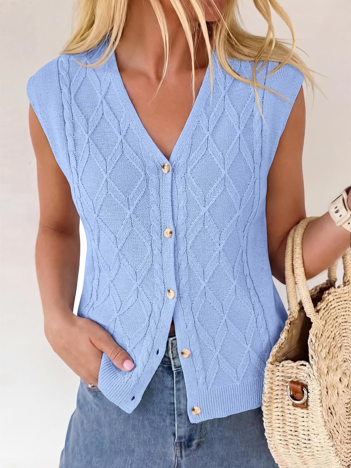 image:imageBTFBM Vest Tops for Women Summer V Neck Button Loose Lightweight Cardigan Knit Cap Sleeve Sweater Vests Fashion ClothingLight Blue